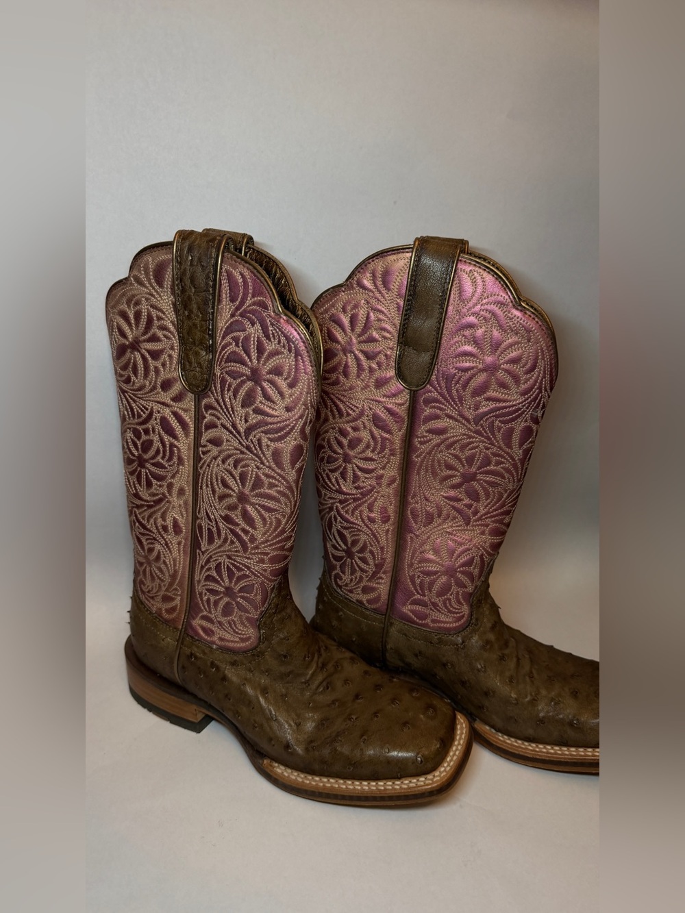 Ariat Brown Ostrich Foot Pink Embroidered Western Boots